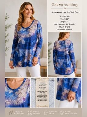 Soft Surroundings Sirena Watercolor Knit Tunic Top M Blue Floral Artsy